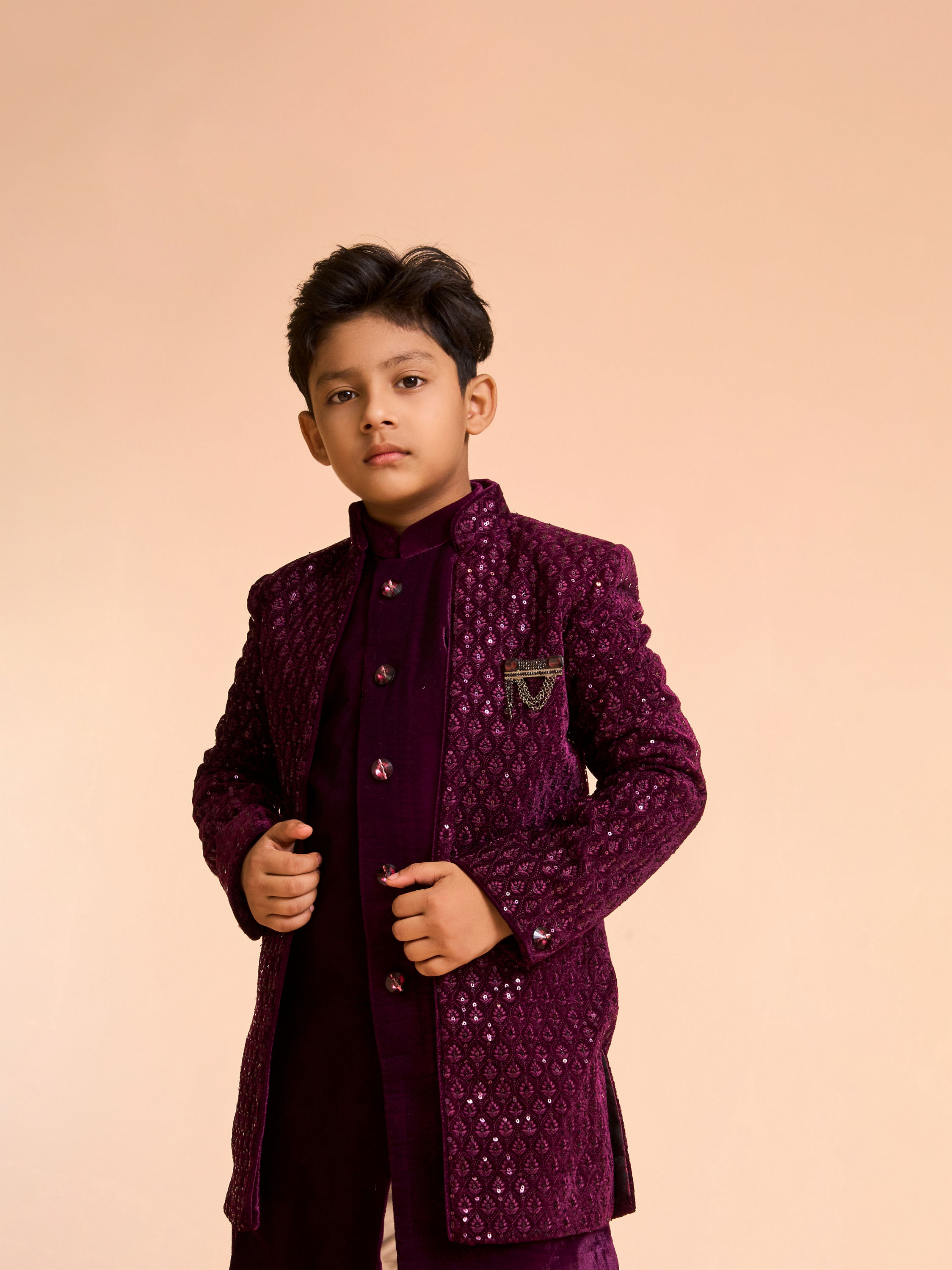 Manyavar Boys Wine Hues Velvet Indo Western