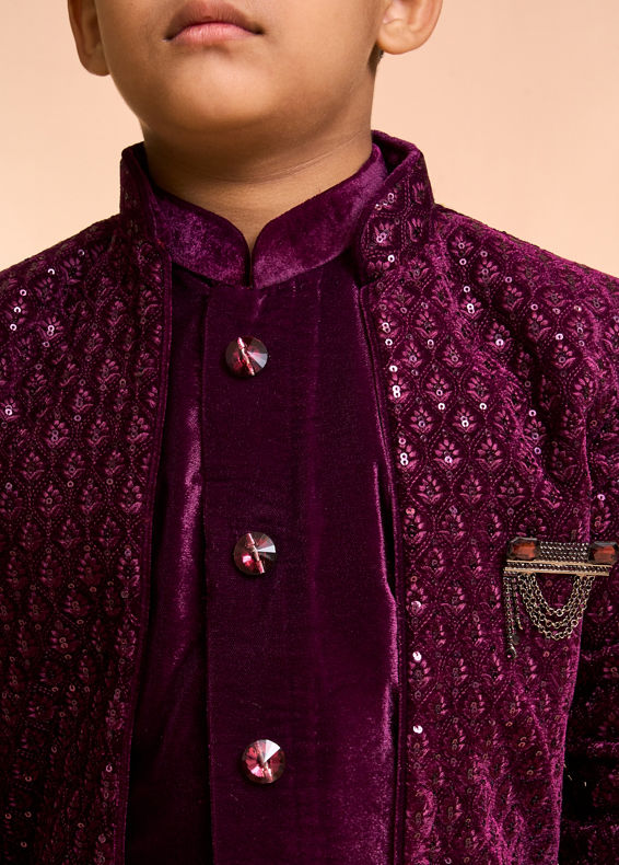 Manyavar Boys Wine Hues Velvet Indo Western