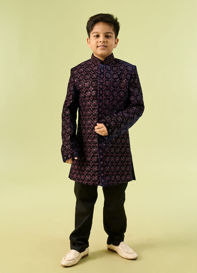 Manyavar Boys Sublime Blue Velvet Indo Western Ensemble