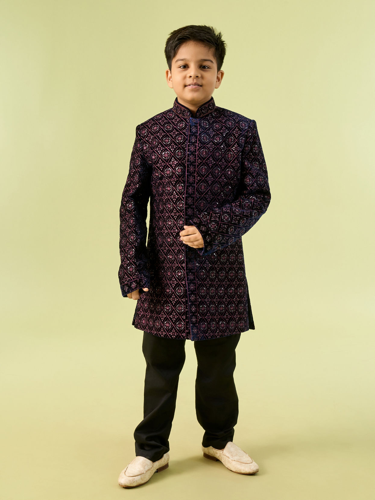 Manyavar Boys Sublime Blue Velvet Indo Western Ensemble