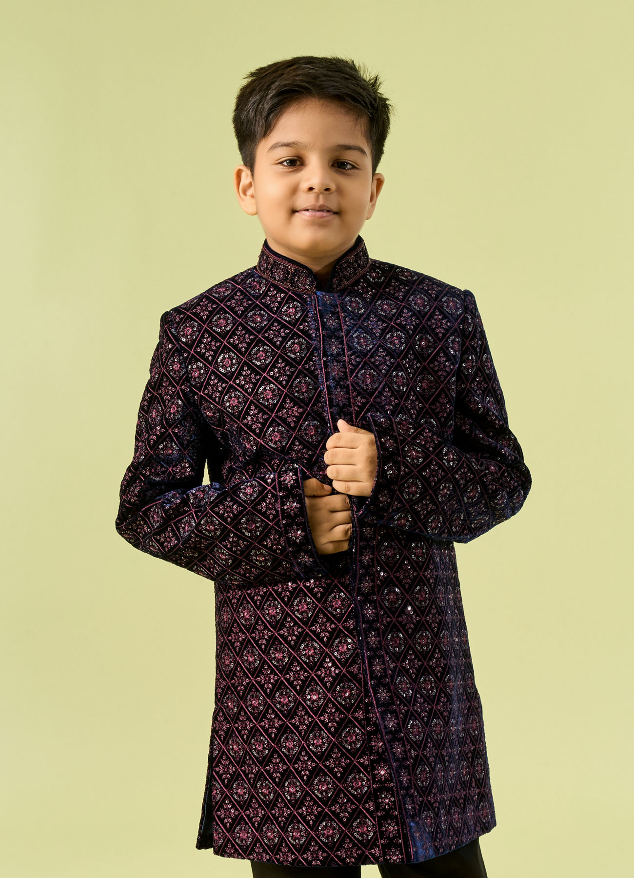 Manyavar Boys Sublime Blue Velvet Indo Western Ensemble