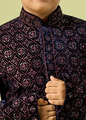 Manyavar Boys Sublime Blue Velvet Indo Western Ensemble