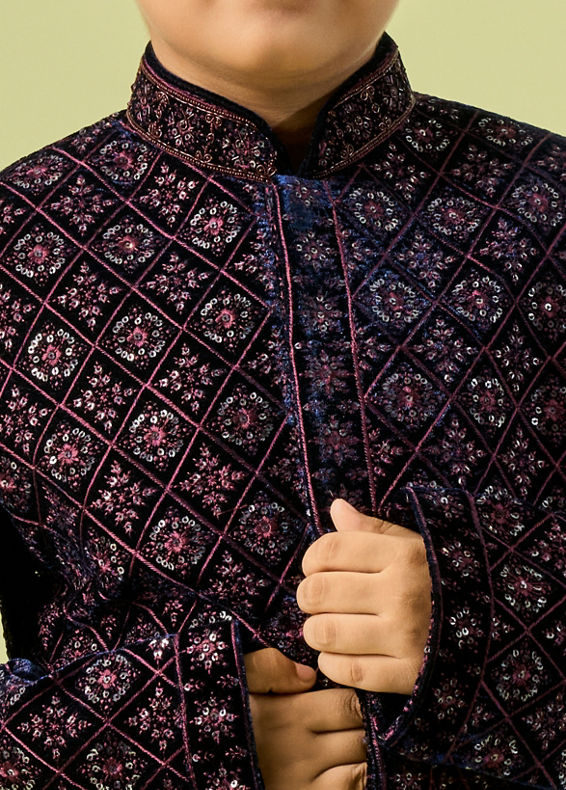 Manyavar Boys Sublime Blue Velvet Indo Western Ensemble