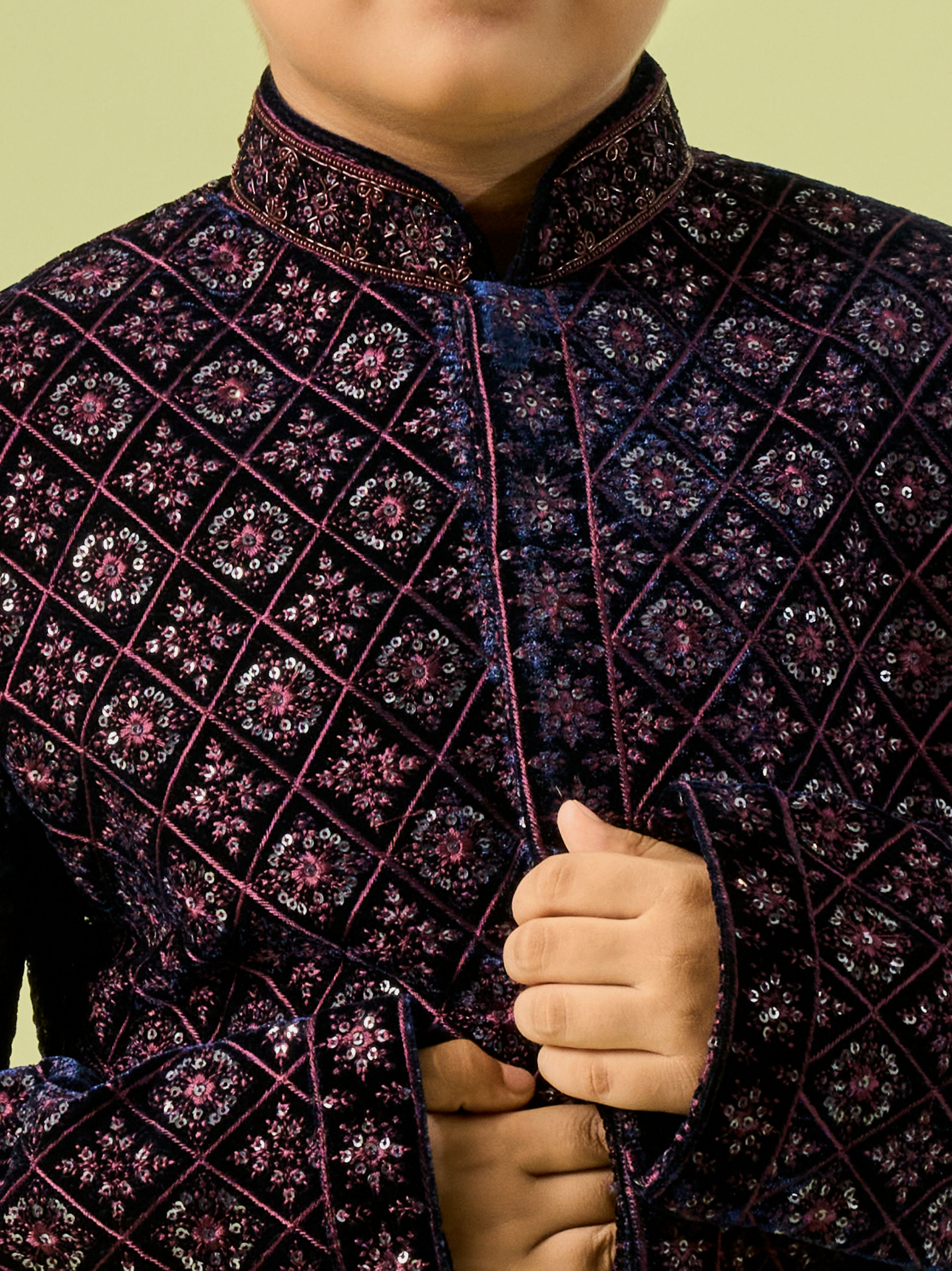 Manyavar Boys Sublime Blue Velvet Indo Western Ensemble