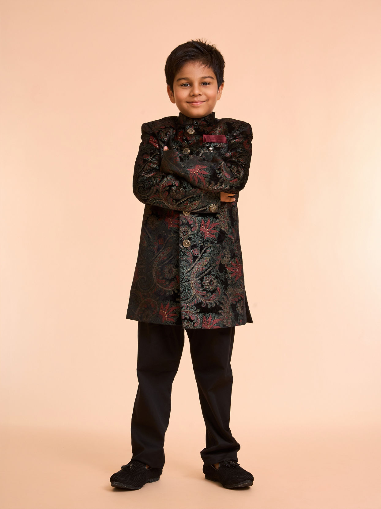 Manyavar Boys Black Velvet Ensemble Indo Western