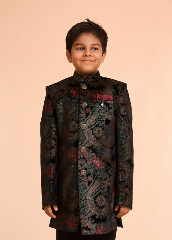 Manyavar Boys Black Velvet Ensemble Indo Western