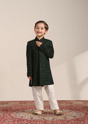 Boys Dark Green Diamond Patterned Indo Western Jacket with Mirror Work image number 2