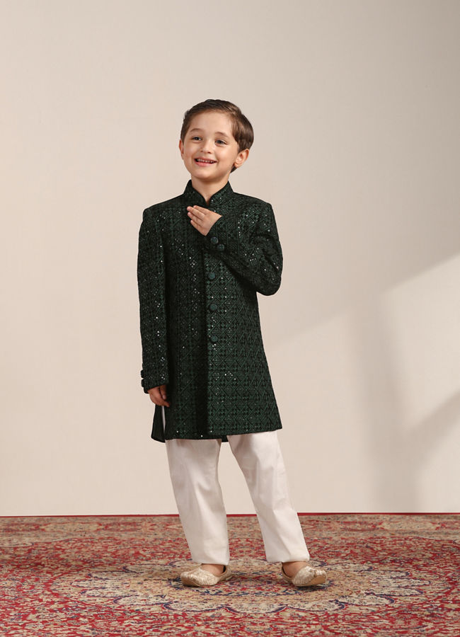 alt message - Manyavar Boys Boys Dark Green Diamond Patterned Indo Western Jacket with Mirror Work image number 2