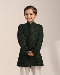 Manyavar Boys Boys Dark Green Diamond Patterned Indo Western Jacket with Mirror Work