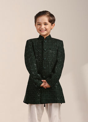 Boys Dark Green Diamond Patterned Indo Western Jacket with Mirror Work image number 0