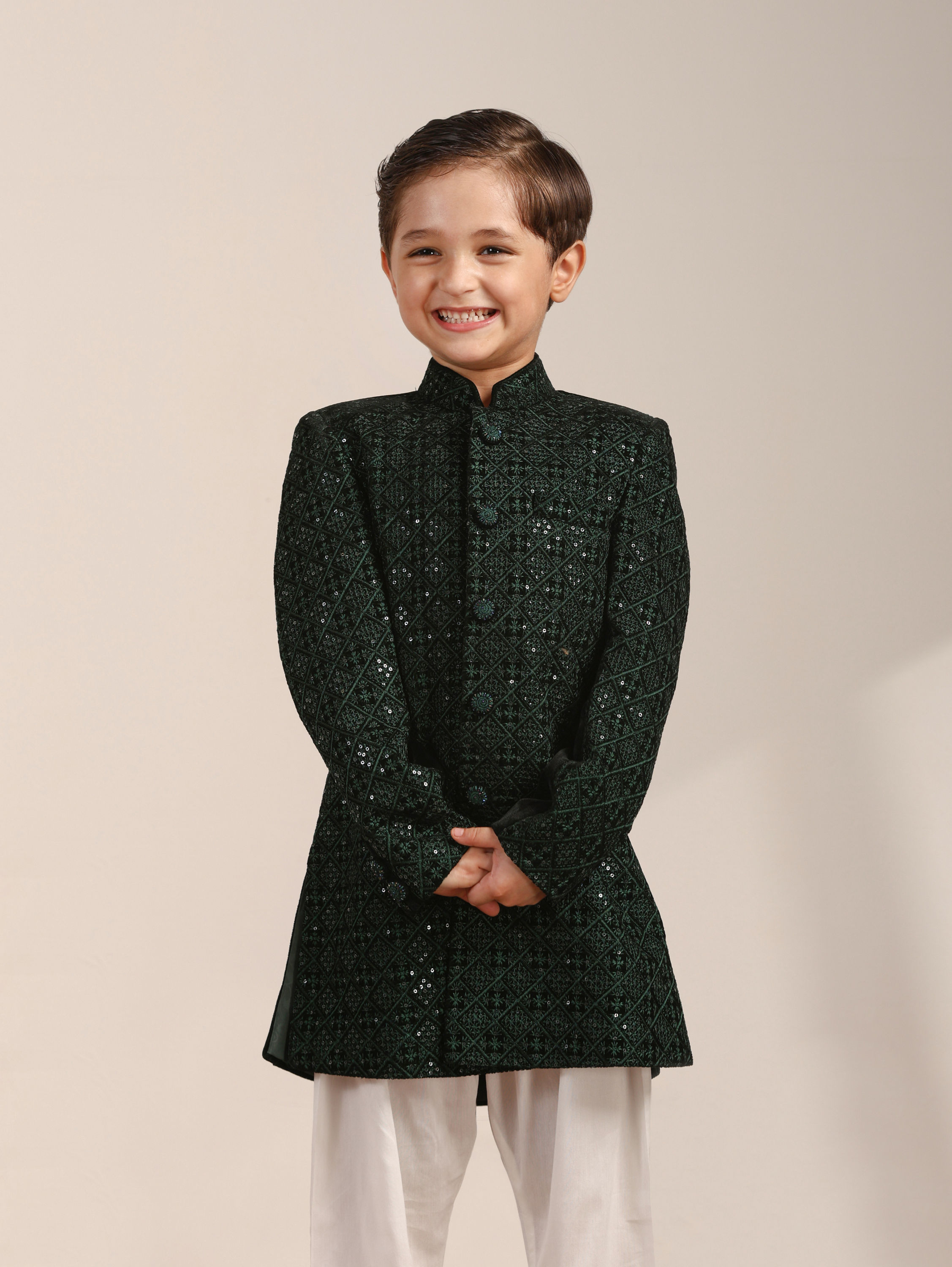 Manyavar Boys Boys Dark Green Diamond Patterned Indo Western Jacket with Mirror Work