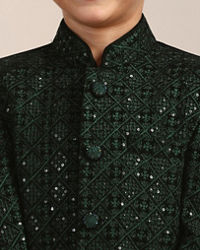 Manyavar Boys Boys Dark Green Diamond Patterned Indo Western Jacket with Mirror Work