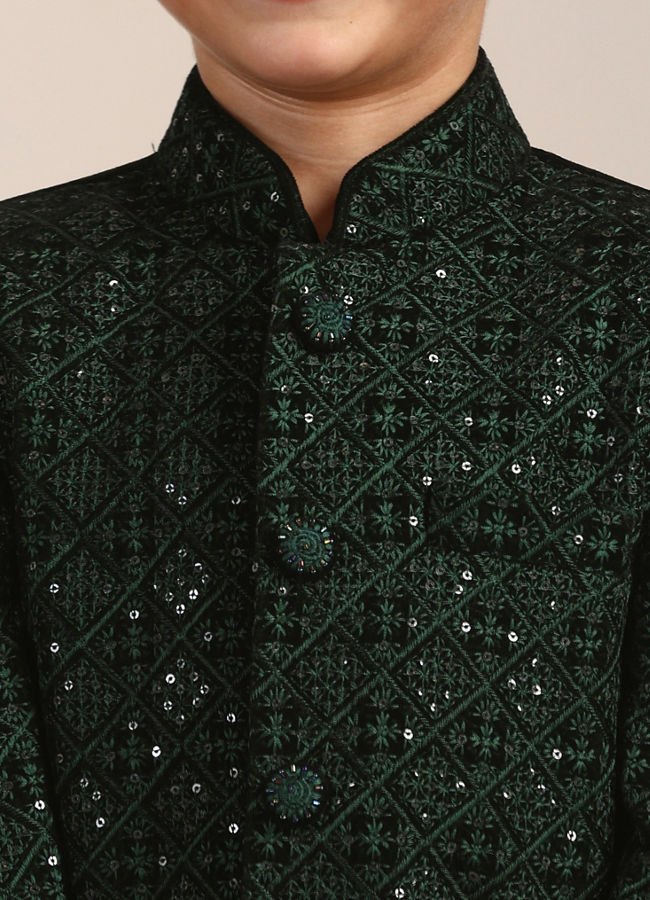 alt message - Manyavar Boys Boys Dark Green Diamond Patterned Indo Western Jacket with Mirror Work image number 1