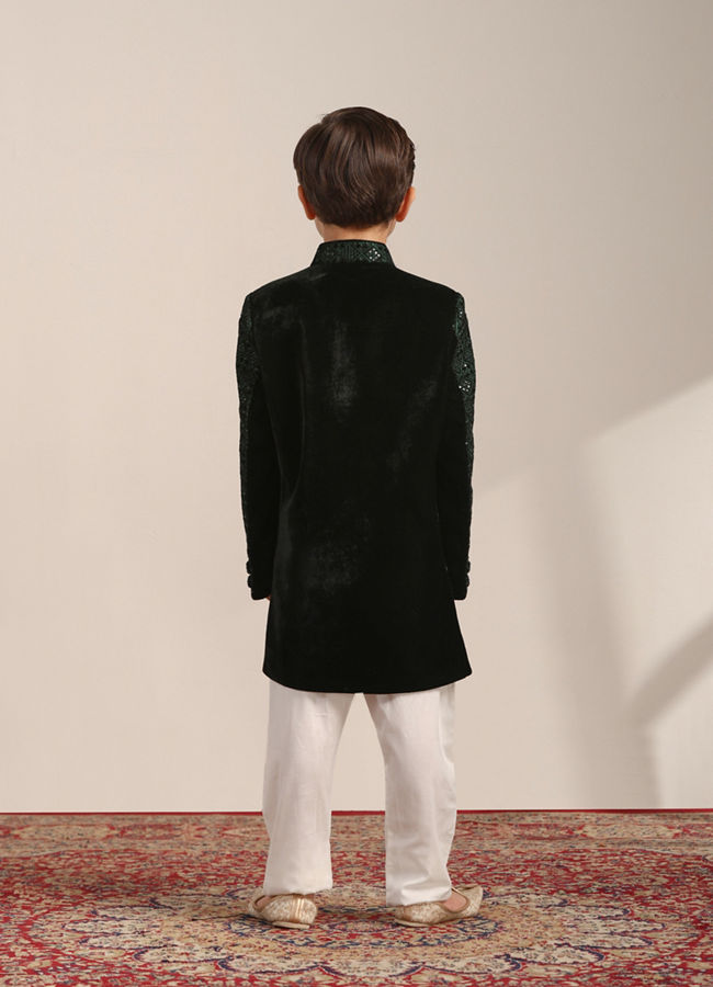 Manyavar Boys Boys Dark Green Diamond Patterned Indo Western Jacket with Mirror Work