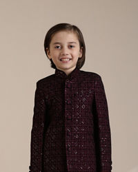 Manyavar Boys Boys Wine Chowkadi Patterned Embellished Indo western Set