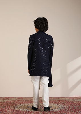 alt message - Manyavar Boys Boys Dark Blue Sequined Chikankari Indo Western Set image number 5