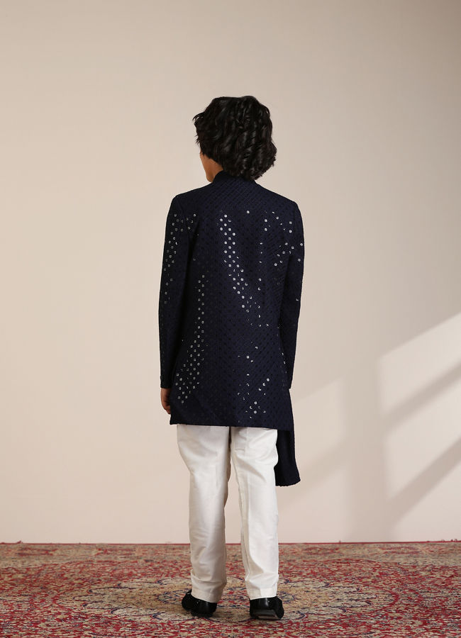 Manyavar Boys Boys Dark Blue Sequined Chikankari Indo Western Set