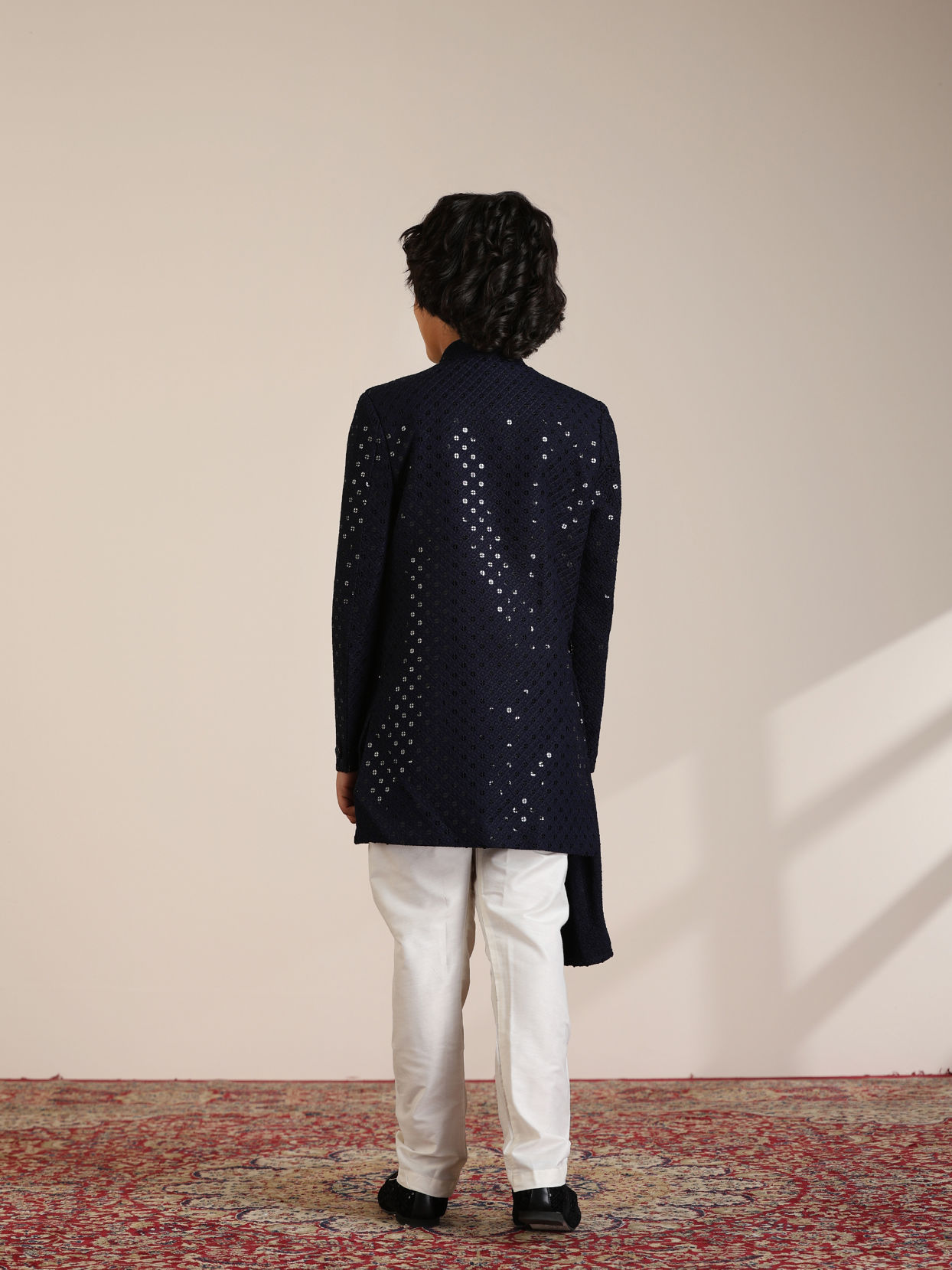 Manyavar Boys Boys Dark Blue Sequined Chikankari Indo Western Set