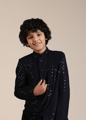 alt message - Manyavar Boys Boys Dark Blue Sequined Chikankari Indo Western Set image number 0