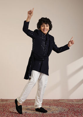 alt message - Manyavar Boys Boys Dark Blue Sequined Chikankari Indo Western Set image number 2