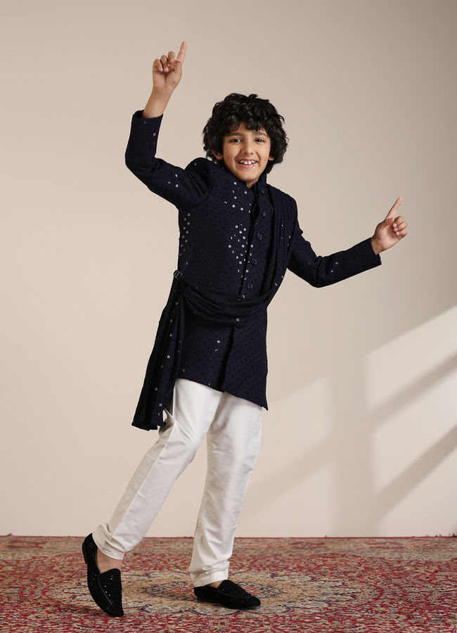 Manyavar Boys Boys Dark Blue Sequined Chikankari Indo Western Set