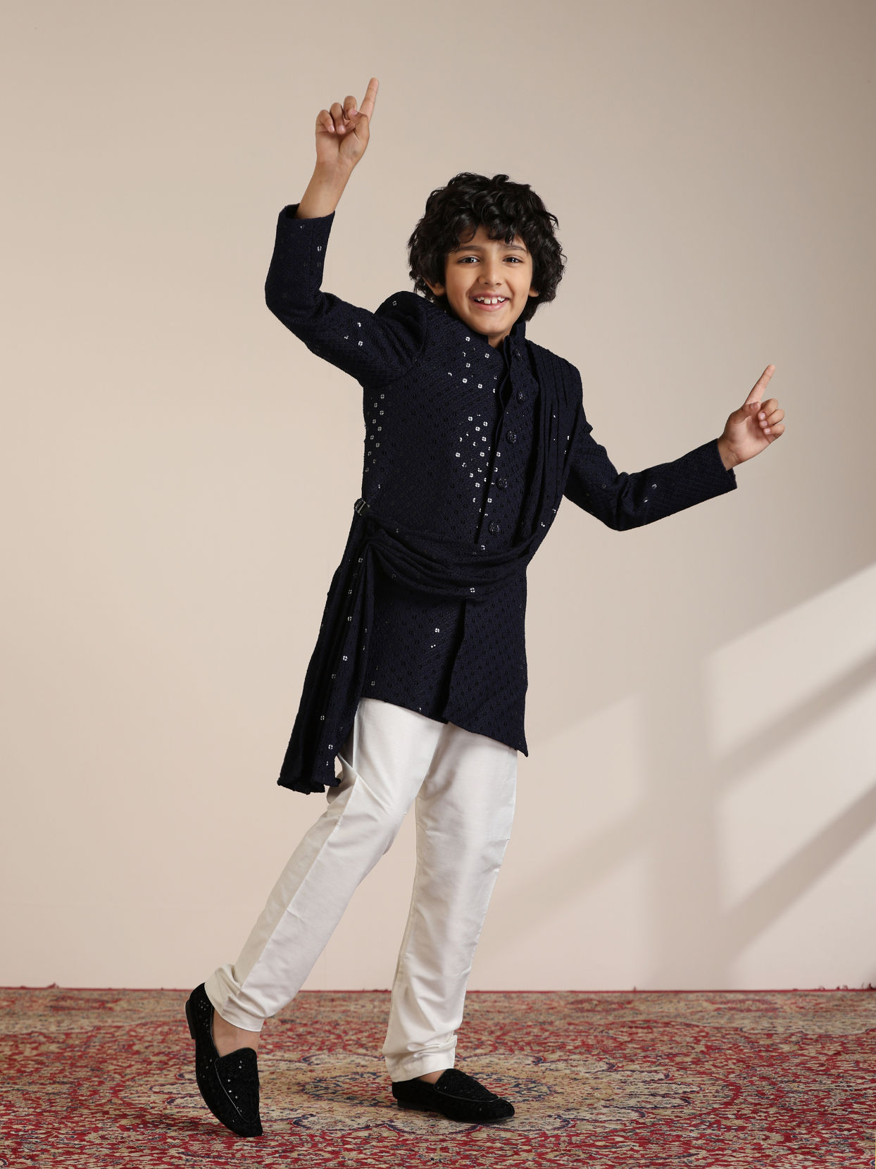 Manyavar Boys Boys Dark Blue Sequined Chikankari Indo Western Set
