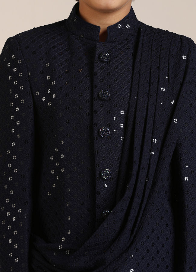 Manyavar Boys Boys Dark Blue Sequined Chikankari Indo Western Set