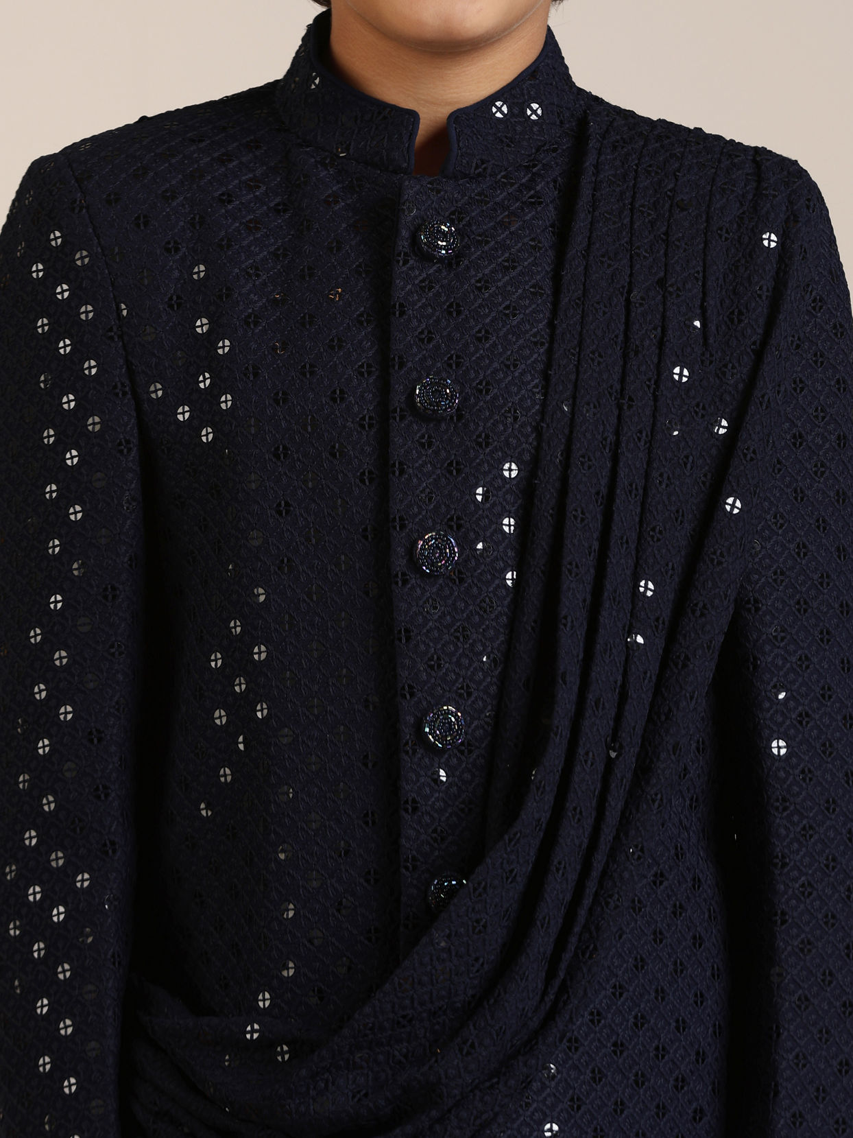 Manyavar Boys Boys Dark Blue Sequined Chikankari Indo Western Set