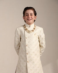 Manyavar Boys Boys Ivory White Diamond Patterned Angrakha Style Indo Western Set