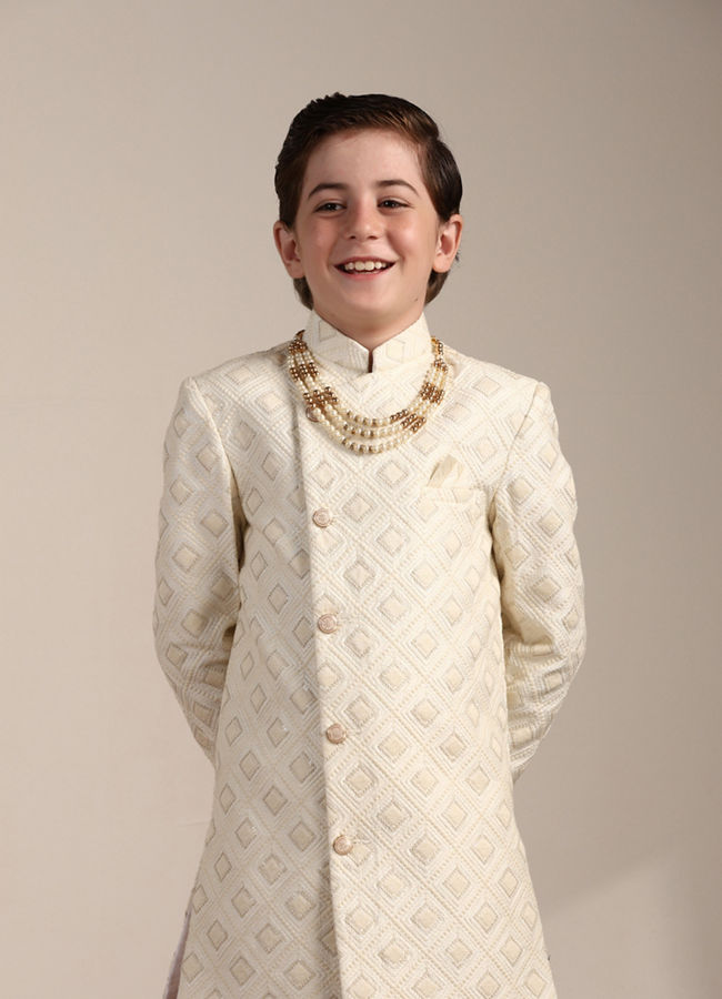 Boys Ivory White Diamond Patterned Angrakha Style Indo Western Set image number 0