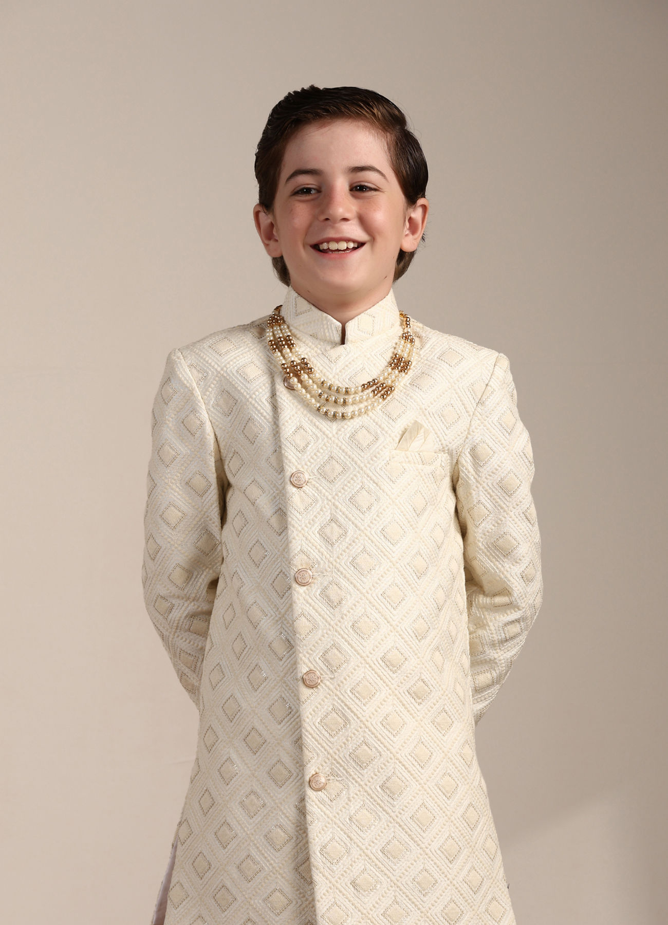 Manyavar Boys Boys Ivory White Diamond Patterned Angrakha Style Indo Western Set