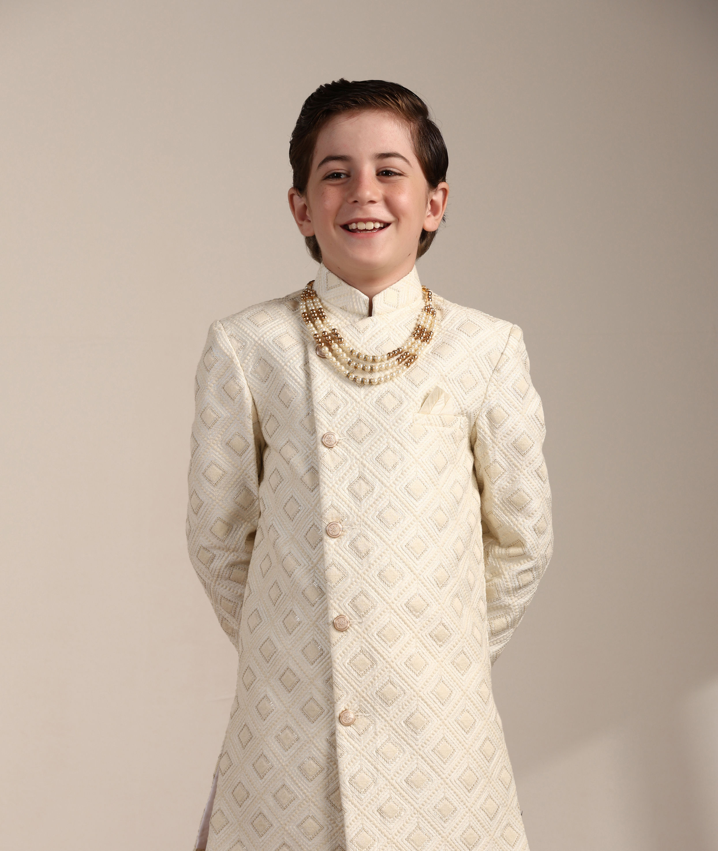 Manyavar Boys Boys Ivory White Diamond Patterned Angrakha Style Indo Western Set