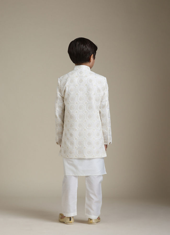 Manyavar Boys Boys Cream Beige Circular Buta Patterned Indo Western Set with Chained Brooch