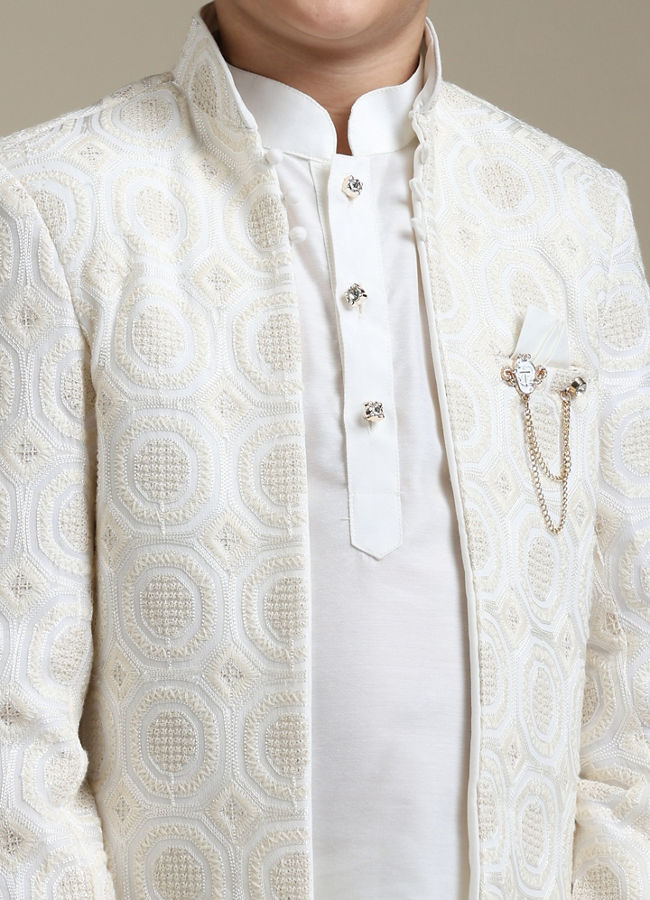Manyavar Boys Boys Cream Beige Circular Buta Patterned Indo Western Set with Chained Brooch