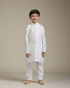 Manyavar Boys Boys Cream Beige Circular Buta Patterned Indo Western Set with Chained Brooch