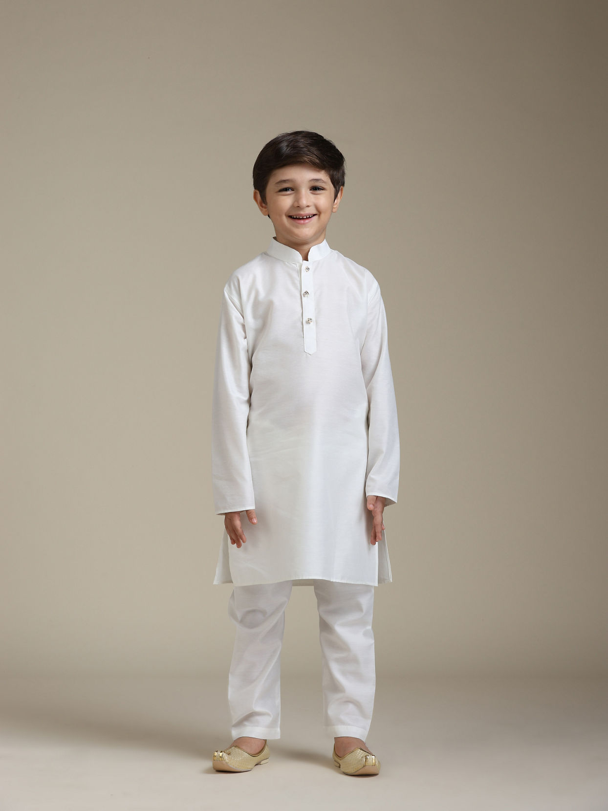 Manyavar Boys Boys Cream Beige Circular Buta Patterned Indo Western Set with Chained Brooch
