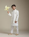 Manyavar Boys Boys Cream Beige Circular Buta Patterned Indo Western Set with Chained Brooch