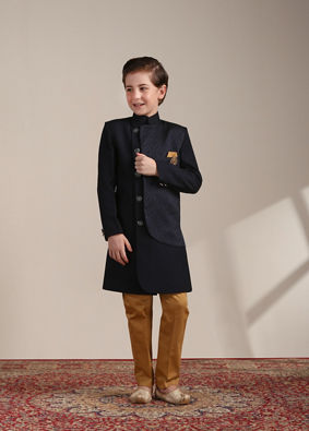 Boys Navy Blue Achkan Style Patterned Indo Western Jacket image number 2