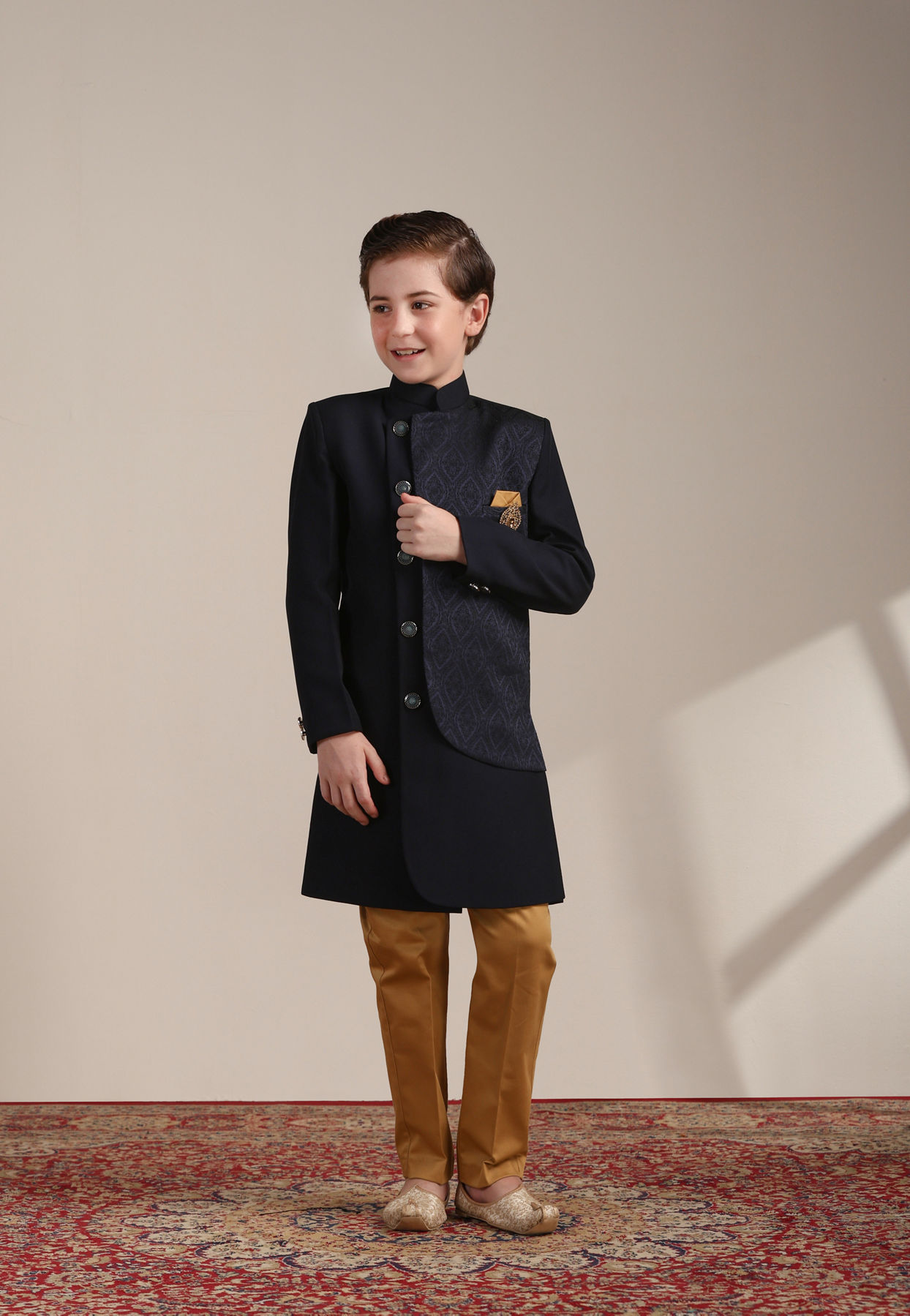 Boys Navy Blue Achkan Style Patterned Indo Western Jacket image number 2