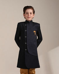 Manyavar Boys Boys Navy Blue Achkan Style Patterned Indo Western Jacket