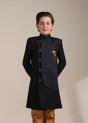 alt message - Manyavar Boys Boys Navy Blue Achkan Style Patterned Indo Western Jacket image number 0