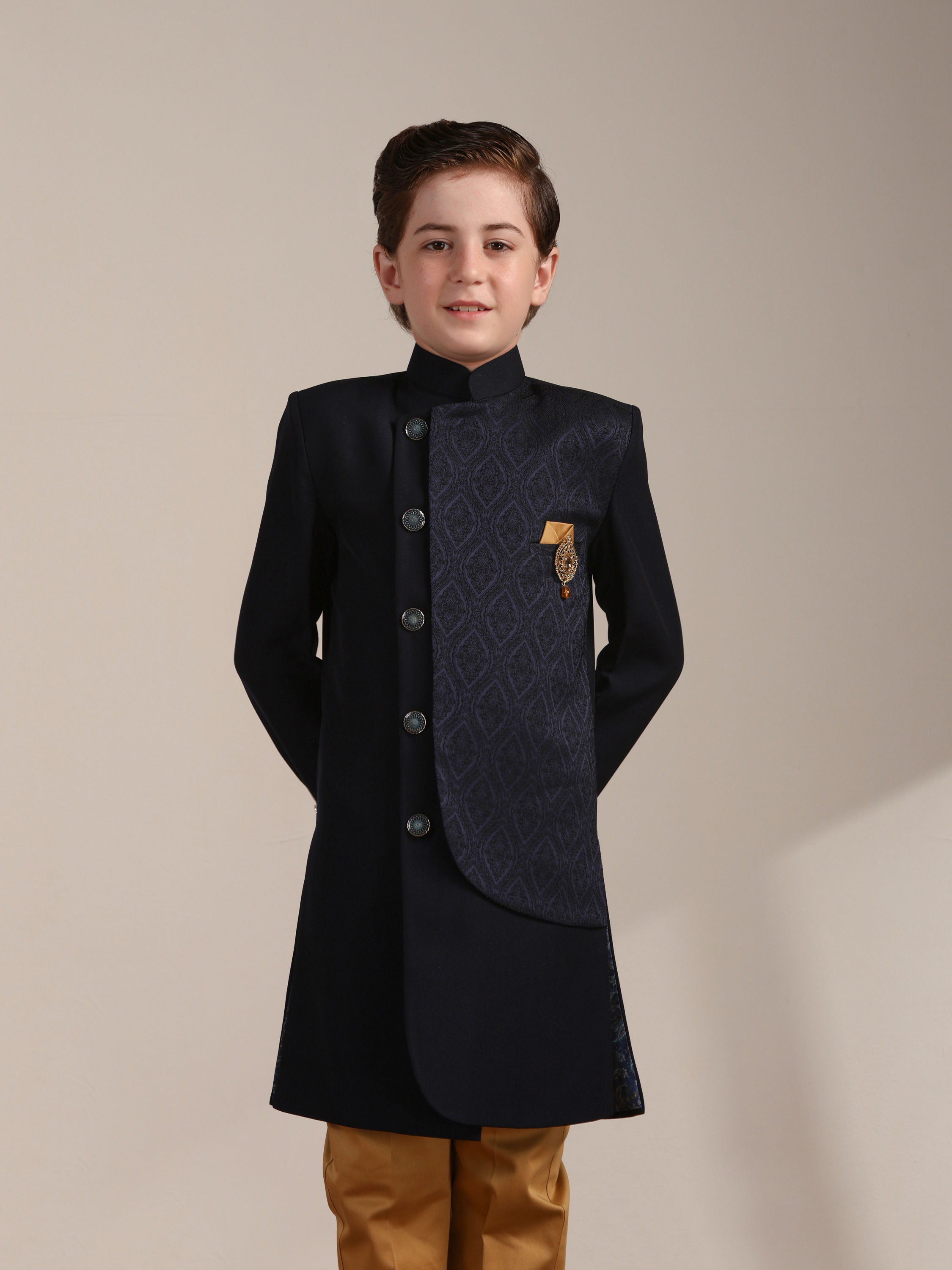 Manyavar Boys Boys Navy Blue Achkan Style Patterned Indo Western Jacket