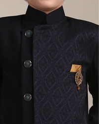 Manyavar Boys Boys Navy Blue Achkan Style Patterned Indo Western Jacket