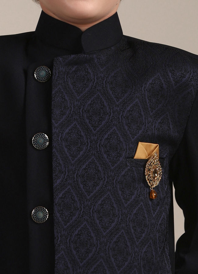 alt message - Manyavar Boys Boys Navy Blue Achkan Style Patterned Indo Western Jacket image number 1