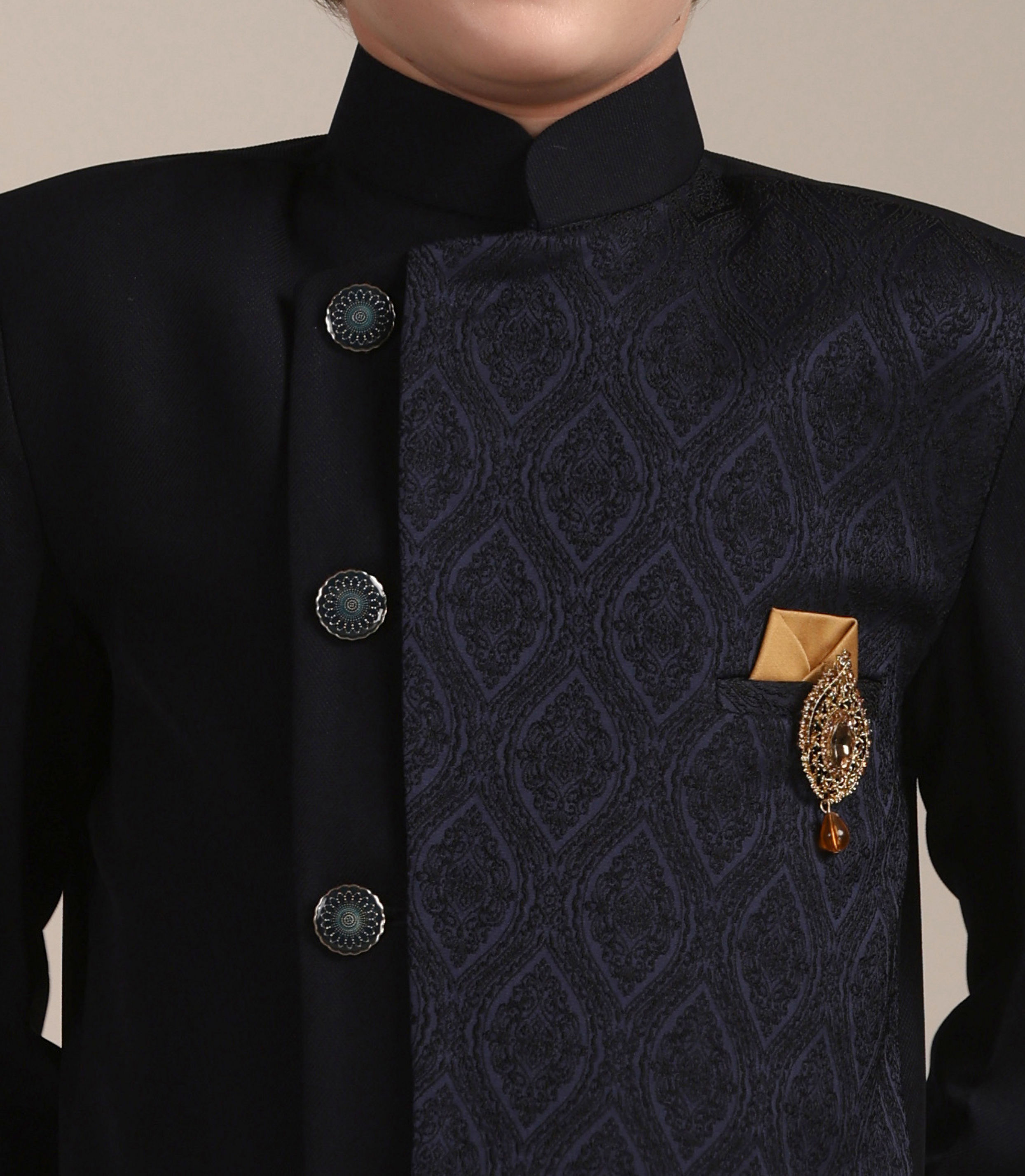 Manyavar Boys Boys Navy Blue Achkan Style Patterned Indo Western Jacket