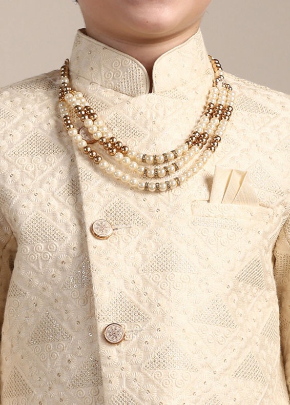 Manyavar Boys Boys Cream Diamond Patterned Angrakha Style Indo Western Set