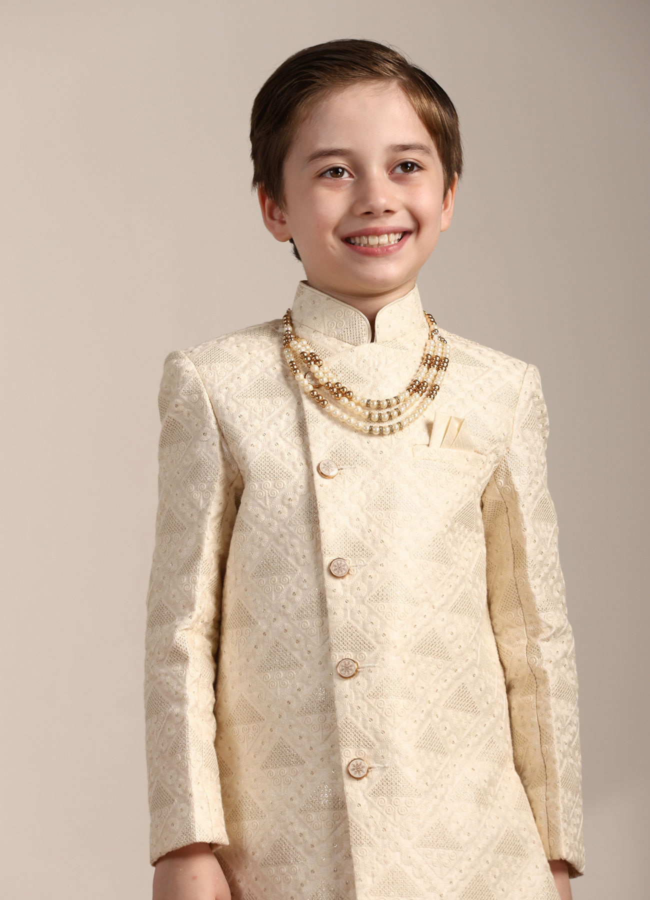 Manyavar Boys Boys Cream Diamond Patterned Angrakha Style Indo Western Set