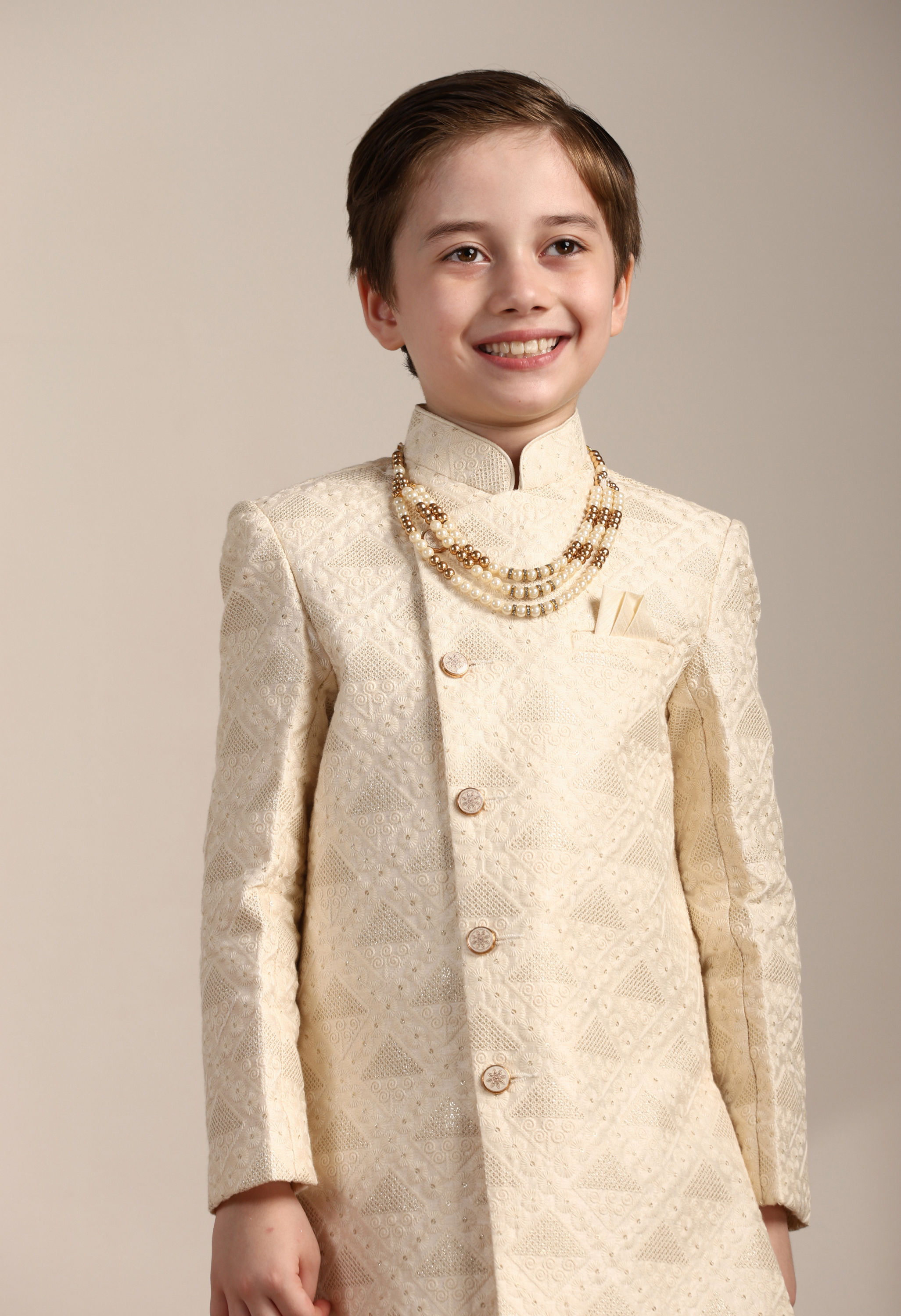 Manyavar Boys Boys Cream Diamond Patterned Angrakha Style Indo Western Set