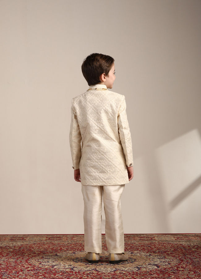 Manyavar Boys Boys Cream Diamond Patterned Angrakha Style Indo Western Set