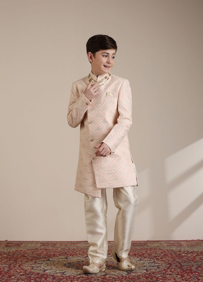 Manyavar Boys Boys Shell Pink Geometric Patterned Indo Western Set